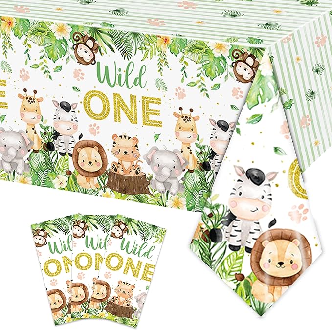 3PCS Wild One Tablecloths for Boys Baby Kids 1st First Birthday Party Jungle Animal Themed Table Cloths Safari Baby Shower Decorations Table Cover Party Supplies -54x108in