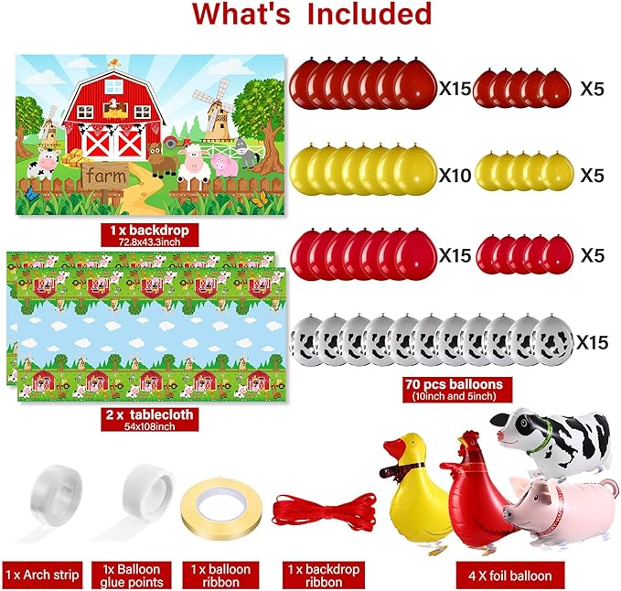 Farm Animals Theme Party Decorations Farm Barn Backdrop Banner Farmhouse Animals Decor Tablecloth Balloon Arch Garland Kit for Birthday Photography Baby Shower Party Supplies(Red)