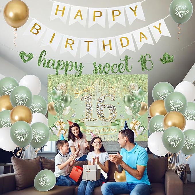 Sweet 16 Birthday Party Decorations for Girls - Sage Green 16th Happy Birthday Banner Heart Balloons Number 16, Photo Backdrop Crown Sash Party Supplies for Sixteen Years Old