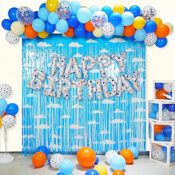 YIIHMEI Cartoon Dog Paw Print White Happy Birthday Banner Party Decorations Balloons with Blue Orange Wave Point Style Letters Signs Party Supplies for Kid's