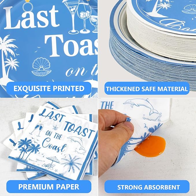 180PCS Last Toast on the Coast Party Supplies Serve 60,Coastal Bachelorette Party Paper Plates and Napkins Kit for Bridal Wedding Girl Birthday Baby Shower Decoration