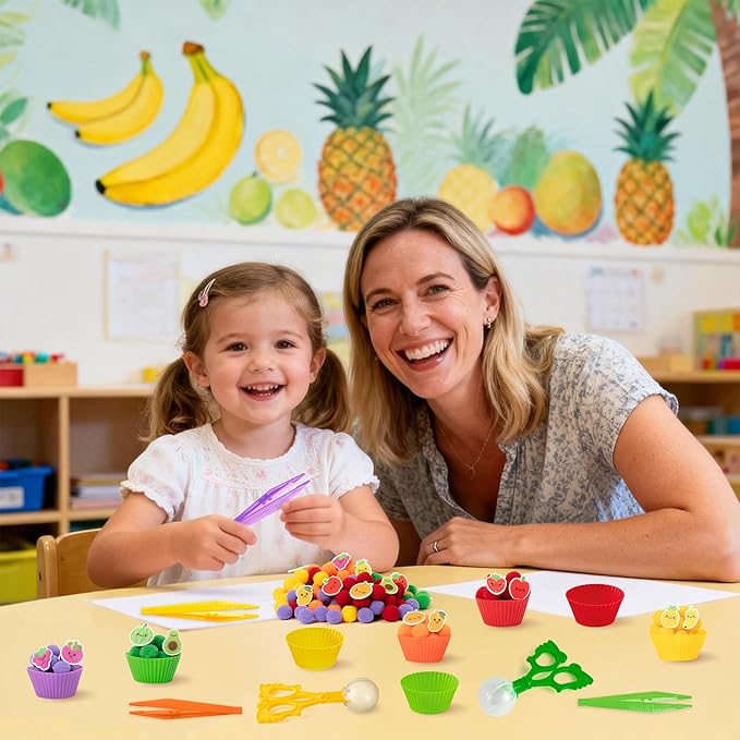 EZdhuawuse Summer Sensory Bin Fillers - 268P Summer Fruit Fine Motor Toys Counting Sorting for Kids, Color Sorting Set with Felt Banana Pom Poms Cup Clip for Preschool Education Birthday Party Favors