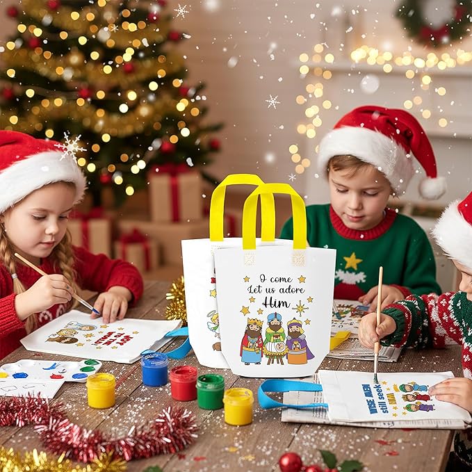 Christmas Coloring Goodie Bags for Kids - 24Pcs Nativity Bulk Color Your Own Gift Bags with Handle Religious Theme Reusable Non Woven Coloring Tote Packet for DIY Painting Crafts Holiday Party Favors
