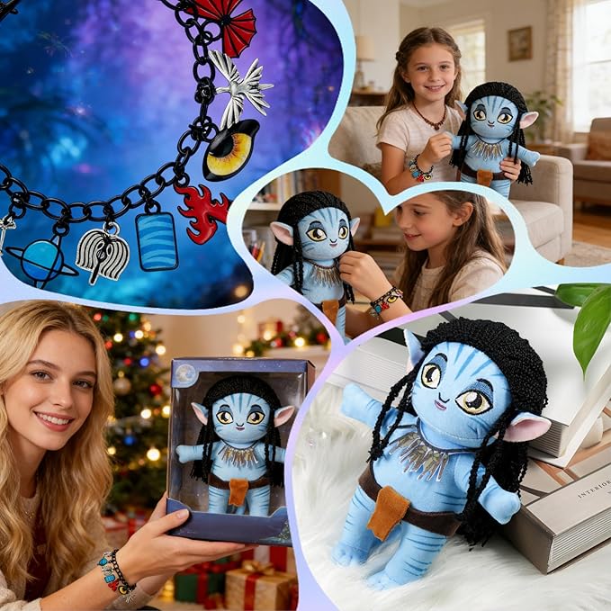 Avatar Plush Toy and Cosplay Enamel Charm Bracelet for Fans, Avatar Na'vi Anime Accessories, Themed Jewelry and Baby Doll Toys Christmas Birthday Gift for Kids Women