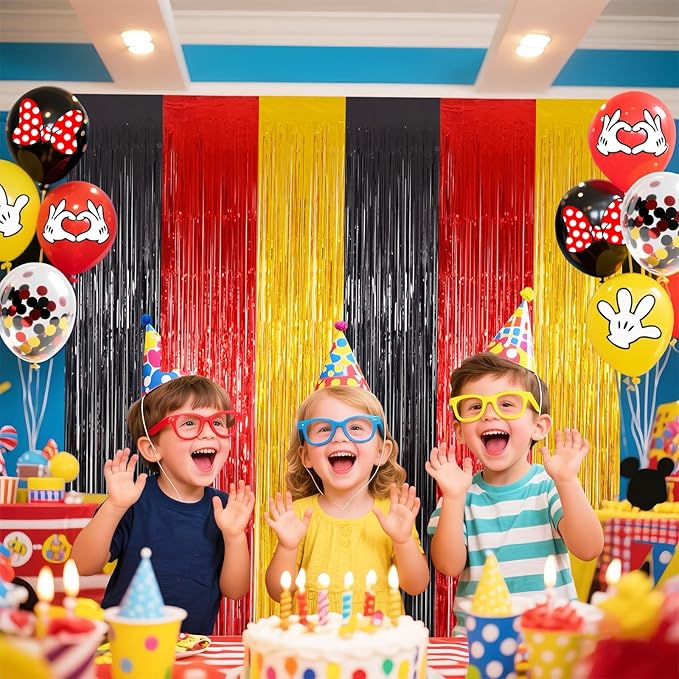 22Pcs Cartoon Mouse Birthday Decorations, Black Red Gold 3.3x8.2ft Tinsel Foil Fringe Curtains Banners and Cute Balloons for Anime Party Decorations Boys and Girls Party Supplies