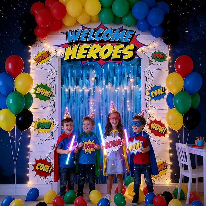 80PCS Hero Themed Birthday Party Decorations Supplies - Door Porch Banner Backdrop Balloons Blue Foil Fringe Curtains for Kids Birthday Baby Shower Classroom Photo Booth Prop