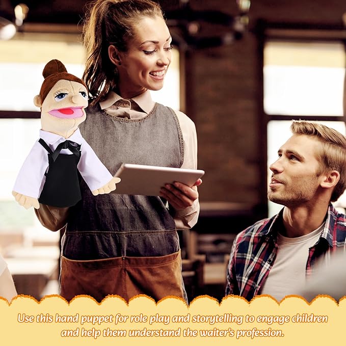 Role Play Hand Puppets Hand Plush Chef Doctor Fireman Pirate Detective Athlete Nurse Worker Hand Puppet Toys Puppets for Kids Storytelling Imaginative Pretend Play Teaching Preschool(Waiter)