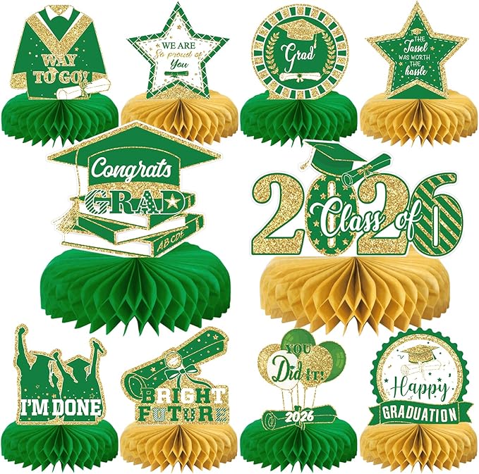 10PCS Graduation Party Decorations Class of 2026 Congrats Grad Table Centerpieces Congratulate Graduation Honeycomb Table Toppers for Graduation Party Supplies(Green Gold)