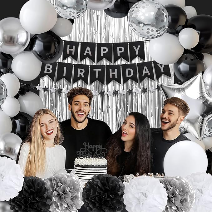 Black and Silver Birthday Decorations for Men, Happy Birthday Party Decorations, Happy Birthday Banner, Balloons, Foil Fringe Curtains, Tissue Paper Pompoms, Star Garland, Party Decor