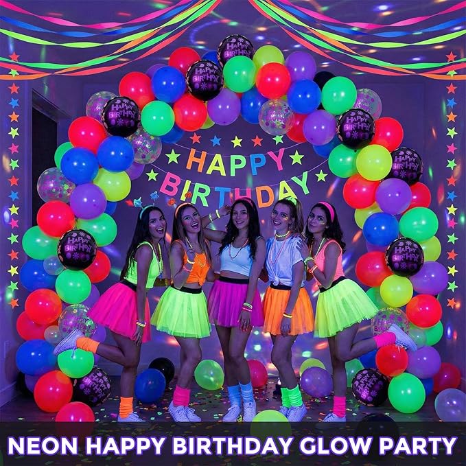 LovesTown 66PCS Glow Balloons Assortment, 12" UV Neon Latex Decorations Happy Birthday Fluorescent Balloons for Birthday, Wedding & Glow Party Supplies
