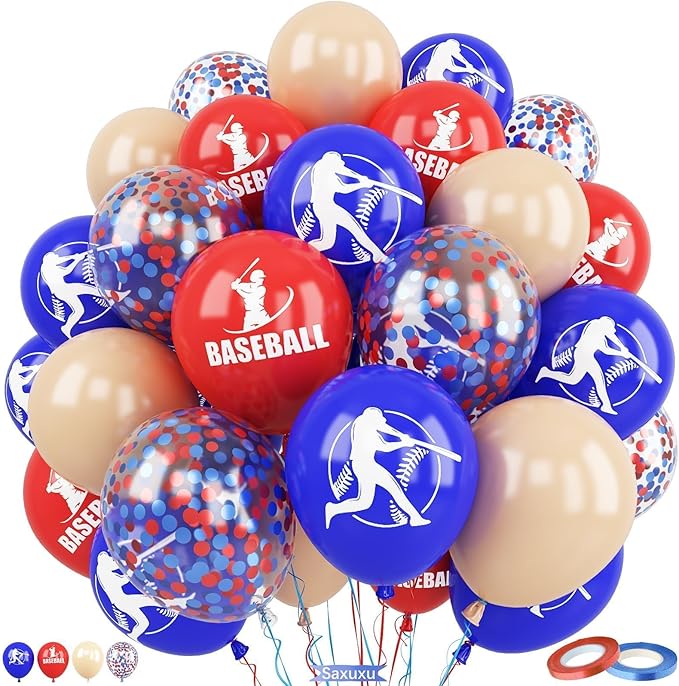 Baseball Balloons, 60Pcs 12 Inch Red Blue Brown Confetti Baseball Party Balloons for Kids Boy Baseball Birthday Sport Party Decorations Sports Themed Baby Shower Graduation Party Supplies