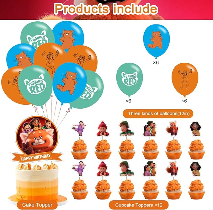 Red Panda Party Decorations,Red Panda Birthday Party Supplies Includes Banner- Cake Topper - 24 Cupcake Toppers - 18 Balloons