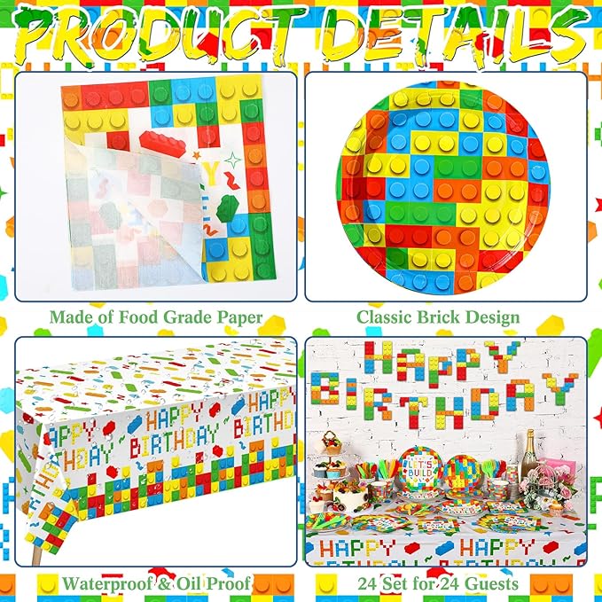 Gejoy 171 Pcs Building Block Birthday Party Supplies Tableware Kit Include Plates Cups Knives Forks Spoons Napkins Tablecloths Banner for Girls Birthday Party Decoration Serve 24 Guest (Classic Color)