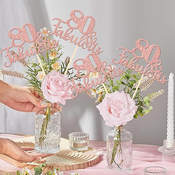 12 PCS 80 and Fabulous Centerpiece Sticks Double Sided Happy 80th Birthday Table Flower Centerpieces Sticks Cheers to 80 Floral Decorations for 80th Birthday Anniversary Party Supplies Rose Gold