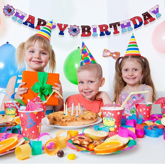 Oudain Spider Theme Birthday Banner Decorations Pre-strung Spider Web Happy Birthday Banner Flags Sign Cartoon Backdrop Party Supplies Favors(Red Purple Blue)