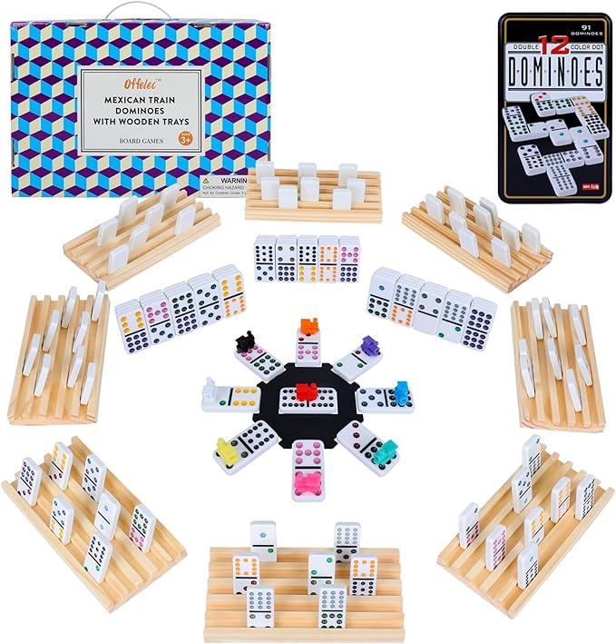 Mexican Train Dominoes Set with 8 Wooden Holders | Double 12 Dominoes with 91 Color-Coded Tiles & Hub | Domino Tile Board Games for 2-8 Players | Family Board Game for Adults & Kids (D12 + 8 Holders)