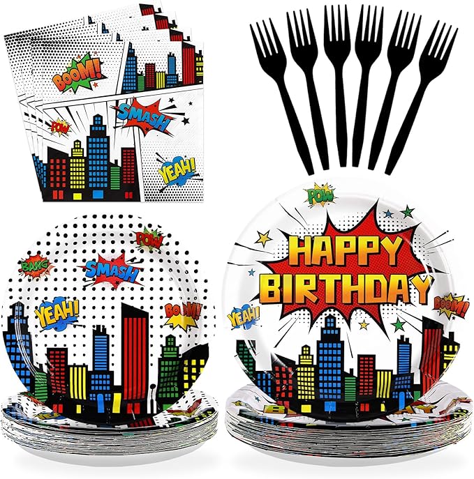 Grencian 96Pcs Super Theme Hero Party Supplies White Comic Hero Plates and Napkins Hero's Action Sign Cityscape Tableware Sets for Kids Baby Shower Hero Spider themed Party Decorations Favors Serve 24