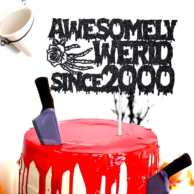 Awesomely Werid Since 2000 Cake Topper, Horror Ghost Bat Spooky Theme Bday Cake Decor, Halloween 25th Birthday Anniversary Party Decorations Supplies