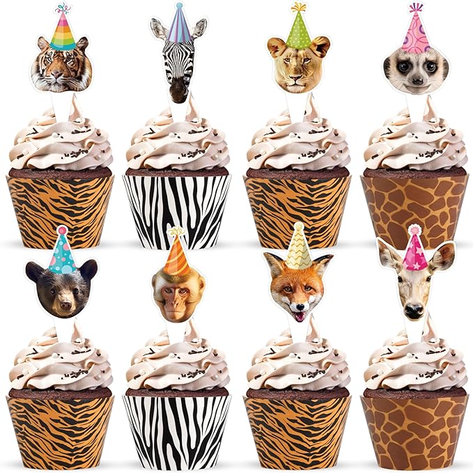 Hxezoc 48 Pack Safari Animals Party Cupcake Toppers and Wrappers, Jungle Animal Cake Decoration for Wild Theme Birthday Parties