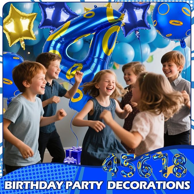 40 Inch Blue and Golden Ring Themed Number Balloon, Number Block Foil Number 4 Balloons Large Big Numbers Helium Balloon for Girls Boys 4th Birthday Theme Party Decorations (Number 4)