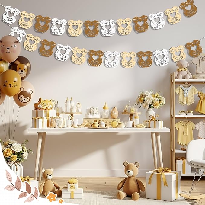 2 Pack Cielito Lindo Papel Picado Baby Shower Banner Decoration, Mexican 24 Pcs Bodysuit Card with Hanging String Fiesta Garland for Gender Baby Shower Party Supplies(Rustic Color)