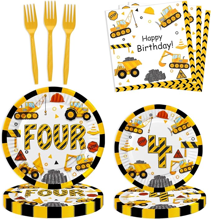 Letromp 80 Pcs Construction 4th Birthday Decorations Construction Four Years Old Disposable Paper Dinner Plates Napkins Forks Dinnerware for Dump Truck Theme Fouth Bday Party Supplies Decorations