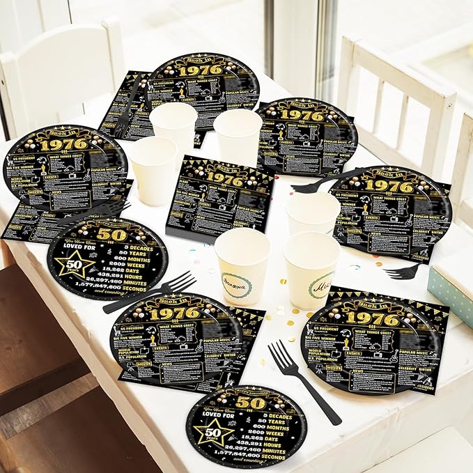 CHUNNIN 96Pcs 50th Birthday Plates and Napkins Back in 1976 Party Decorations Black Gold 50 Year Old Party Dessert Plates 1976 Disposable Tableware for 50th Theme Men Woman Birthday Supplies