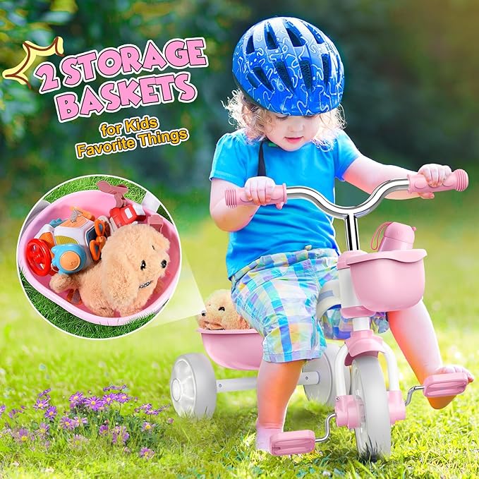 Toddler Tricycle for 1-3 3-5 Year Olds, 2 3 4 5 Year Old Girl Birthday Gifts, Pink Toddler Baby Bike, 4-Level Adjustable Seat, 3 Color Light Wheels, 2 Baskets, Outdoor Riding Toys for Ages 2-4