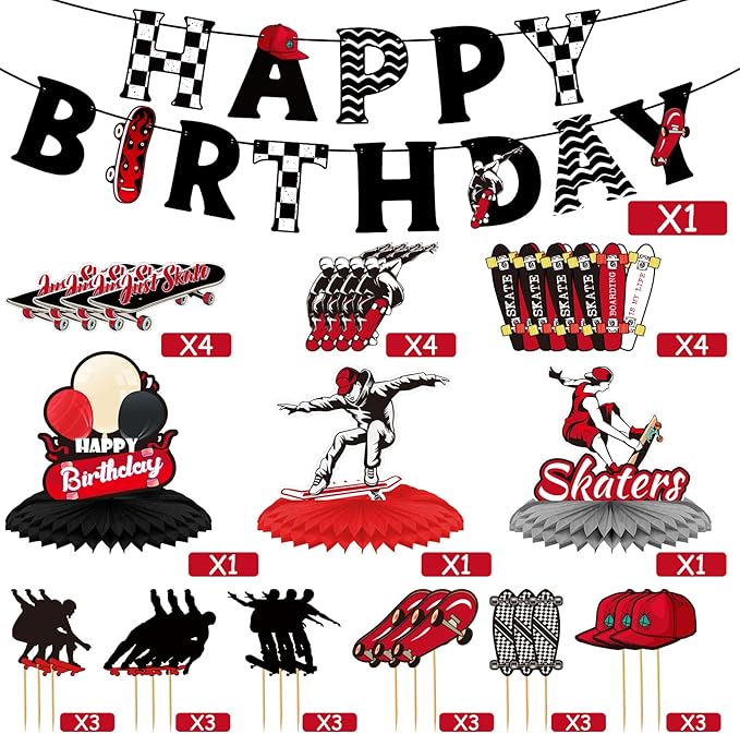 Outus 34 Pcs Skateboard Birthday Party Decorations Skater Party Supplies Skateboard Birthday Decorations Kit Banner Table Centerpieces Cupcake Topper Extreme Skateboarding Cool Decor for Skater Gifts