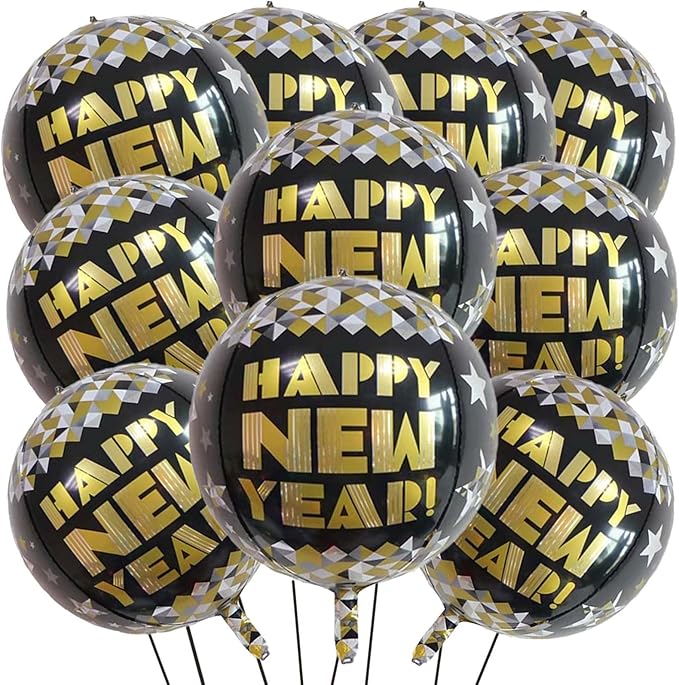 KALOR 22 Inch Happy New Year Mylar Balloons, 10 Pcs Large 4D Giant Round Foil Balloon Metallic Balloons for Happy New Year Decorations 2024