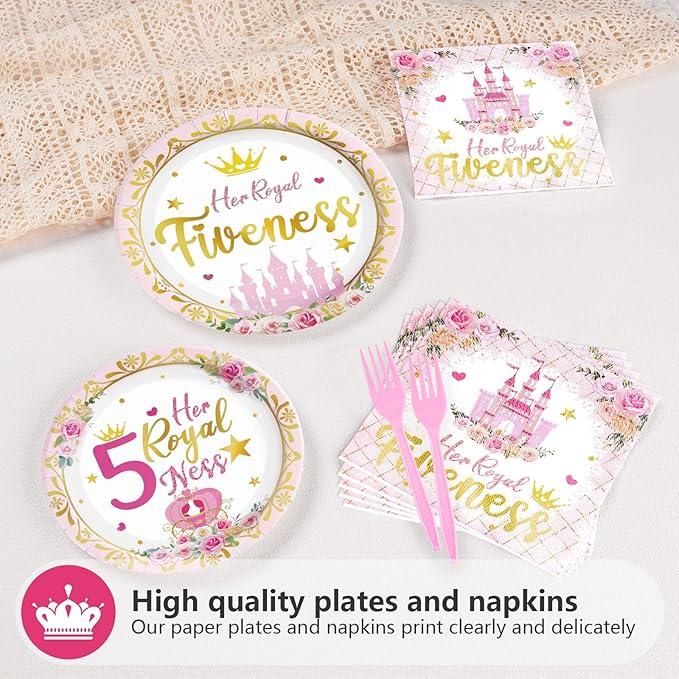 Grencian 96Pcs Princess Birthday Decorations Pink Princess 5th Birthday Party Plates and Napkins Disposable Her Royal Fiveness Paper Tableware for Girls 5 Year Old Castle Party Supplies, Serves 24