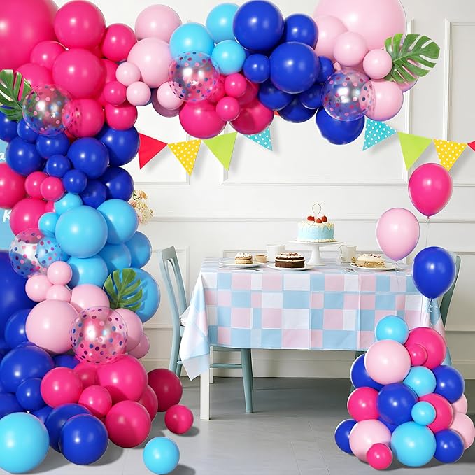170Pcs Blue and Pink Balloons Arch Garland Kit, Royal Light Blue Hot Pink Confetti Balloons for Kid Summer Hawaii Tropical Gender Reveal Baby Shower Cartoon Themed Birthday Party Decorations Supplies