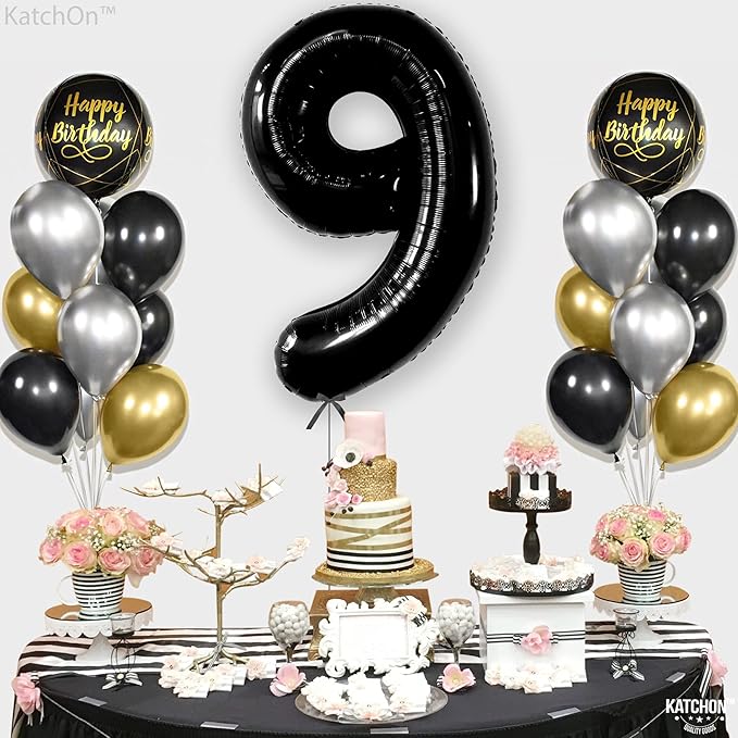 KatchOn, Giant Black Number 9 Balloon - 40 Inch | Foil 9 Birthday Balloon for 9th Birthday Decorations | 9th Anniversary Decoration | Black Party Decoration