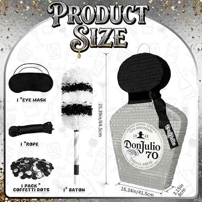 25" Tequila Bottle Piñata with Bat Stick, Eye Mask, Rope - Perfect for Party Decorations, Photo Prop, Birthday, Funny Anniversary, 21 birthday - Fits candy/favors