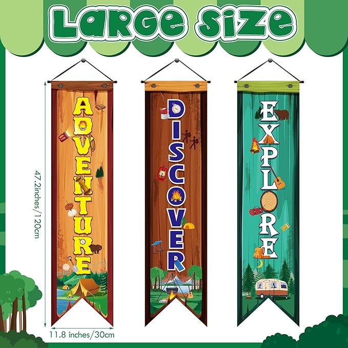 3 Pcs Camping Banners Party Decorations Camping Porch Sign Camper Adventure Door Banners Wall Decor for Camper Adventure Theme Birthday Celebrating Baby Shower Classroom Decorations