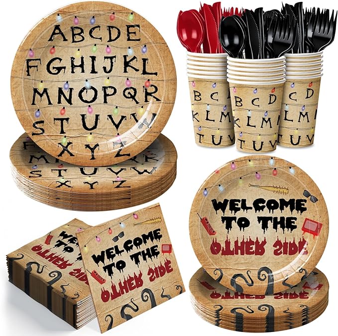 168pcs Vintage Rustic Alphabet Plates Napkins Birthday Party Supplies Paper Cups Disposable Colorful Light Bulbs Tableware Set Party Decorations for Boys Girls Birthday Decor Serve 24