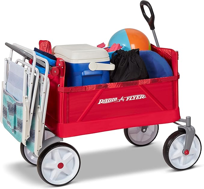 Radio Flyer Beach & Boardwalk 3-in-1 EZ Fold Wagon, for Kids 1.5+, UV Shade, One-Hand Flat Fold, Seats 2 or Converts to Bench, DuraClean Fabric, Beach Tires, 150 lb Capacity, Wagon for Kids & Cargo