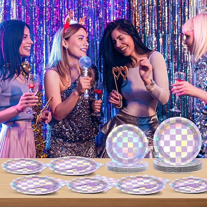 96Pcs Iridescent Birthday Party Supplies Purple Checkered Paper Plates Napkins Holographic Party Tableware Set Sparkle Tableware for Birthday Baby Shower Bachelorette Decoration Serve 24