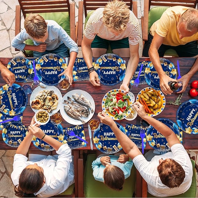 96 Pcs Retirement Party Supplies Paper Plates Napkins Blue Gold Happy Retirement Party Tableware Decorations Favors for Men Women Decor Serves 24