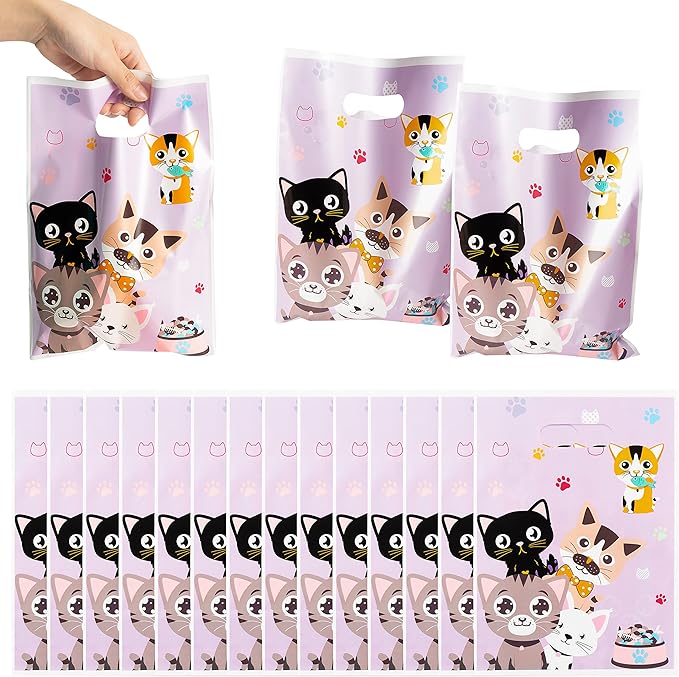 3sscha 50Pcs Cat Party Favor Bags Cute Kitten Themed Purple Waterproof Goodies Cookies Bag with Die Cut Handles Animals Pet Paw Glossy Plastic Gift Pack for Kid Birthday Party Decoration Supplies