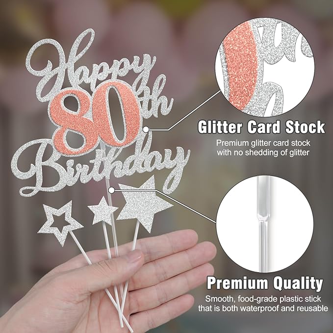 Happy 80th Birthday Cake Toppers, Rose Gold Silver Glitter Cake Decorations Set, 80th Birthday Decor, Birthday Anniversary Party Decorations Supplies