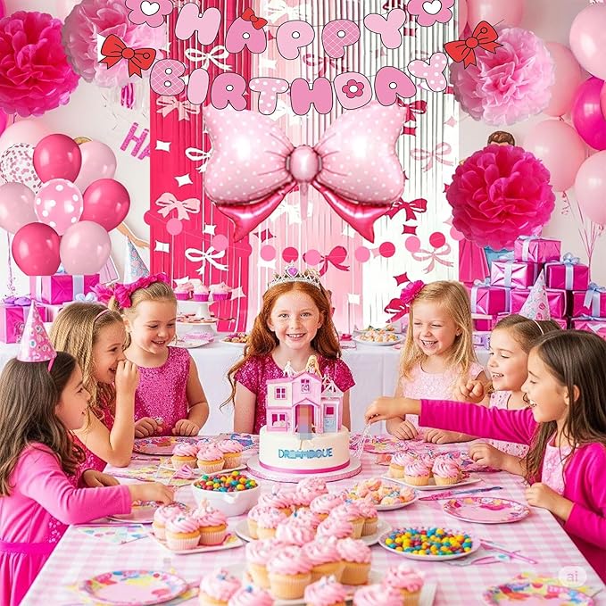 Kitty Birthday Party Decorations, Pink Bow Theme Birthday Party Supplies with Banner, Balloons, Foil Fringe Curtains, Paper Garland Pull Flower, Tissue Paper Pom Poms