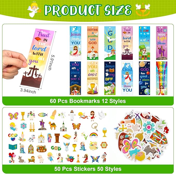 Frienda 170 Pcs Christian Party Favors for Kids Bible Verse Bookmark Religious Slap Bracelets Jesus Stickers Mini Buttons Pins for VBS Sunday School Valentines Day Christian Gifts Classroom Prizes