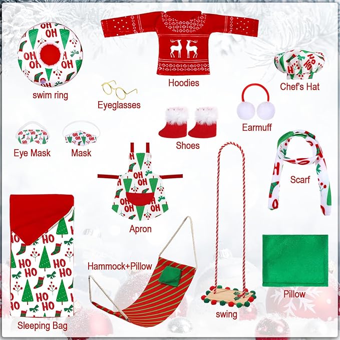 Kacctyen 12 Pcs Christmas Accessories Kits Include Christmas Doll Sleeping Bag Sweater Apron Chef Hat Scarf Earmuffs Eye Mask Snow Tube Mask Hammock for Doll Clothes Costume Outfits
