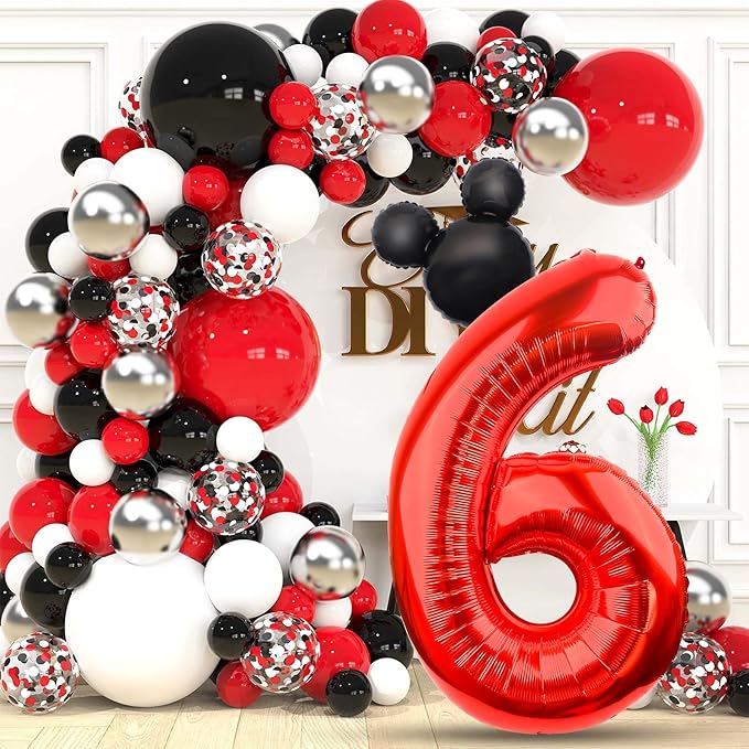 Mouse Number 6 Balloon 40 Inch Red Number 6 Balloon Mini Mouse Head Balloon for 6th Birthday Party, Black Red Large Number 6 Foil Balloon for Baby Shower Anniversary Supplies Decorations