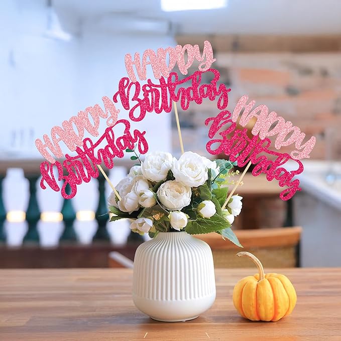 Gyufise 12Pcs Happy Birthday Centerpieces Sticks Double Sided Glitter Birthday Party Decorations Anniversary Table Flower Centerpiece for Celebrating Party Supplies Pink Rose Red