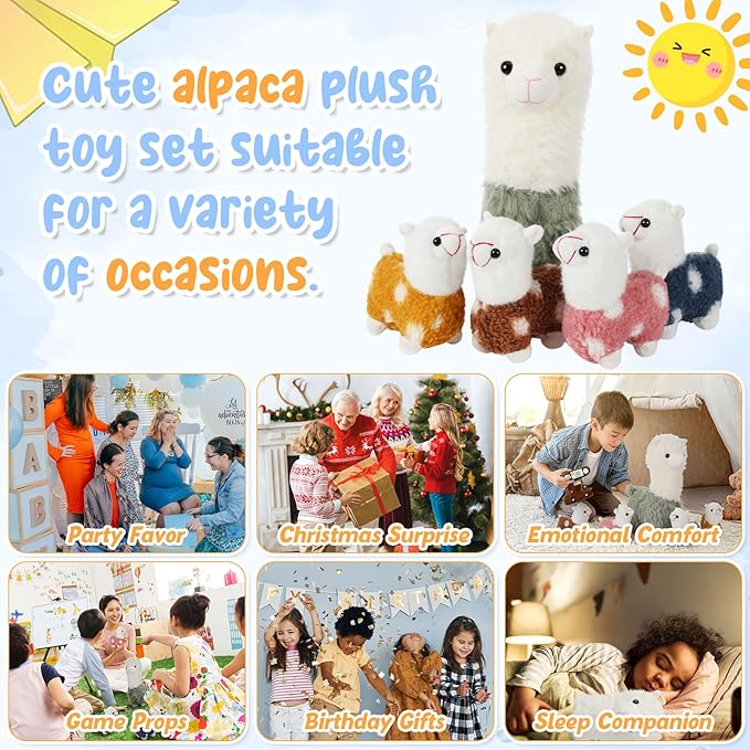 Civaner Llama Stuffed Animal with 4 Baby Llama Plushies Cute Alpaca Plush Set Soft Kawaii Alpaca Pillow for Kids Girls Easter Mother's Day Birthday Party Charity Donation Home Decor(Green)