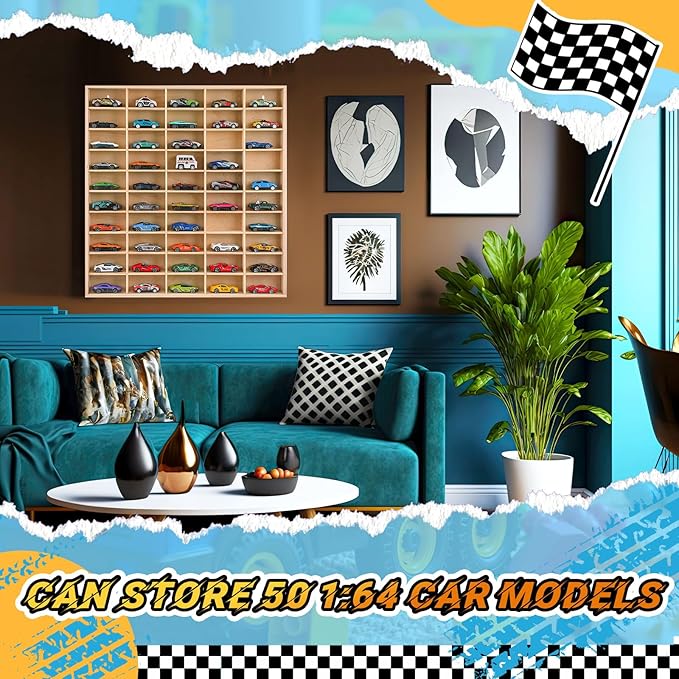 Hot 1/64 Diecast Wheels Display Case Holds Toy Cars Wooden Wall Mount Car Display Shelf Storage Organizer Case for Toy Collectibles, Wheel, Model, 10 Layers (50 Spaces)