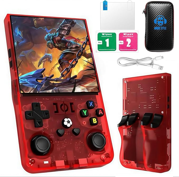 R36Max Handheld Game Console - Preloaded 18000+ Classic Games, for Gamer Dads Video Game Console (64Gb Translucent Red)