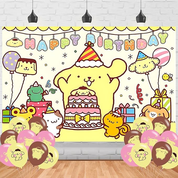 Pompompurinn Birthday Decorations,Cartoon Dog Backdrops for Party Decorations Supplies,Anime Happy Birthday Banner Backdrop for Party Supplies (5x3ft)